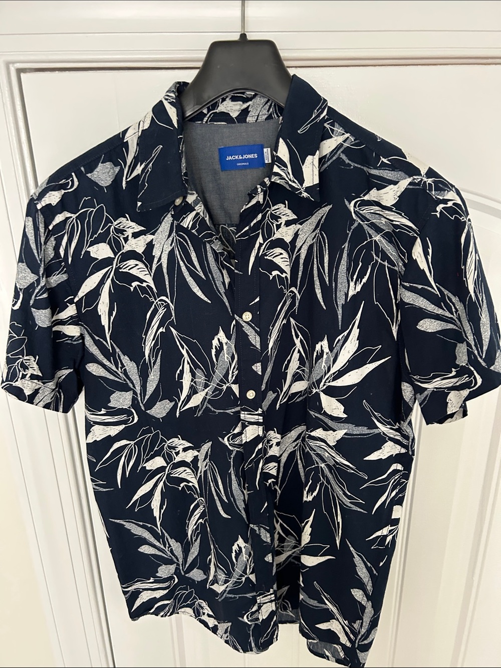 Jack & Jones Navy and White Leaf-Print Short Sleeve Button-Up Shirt